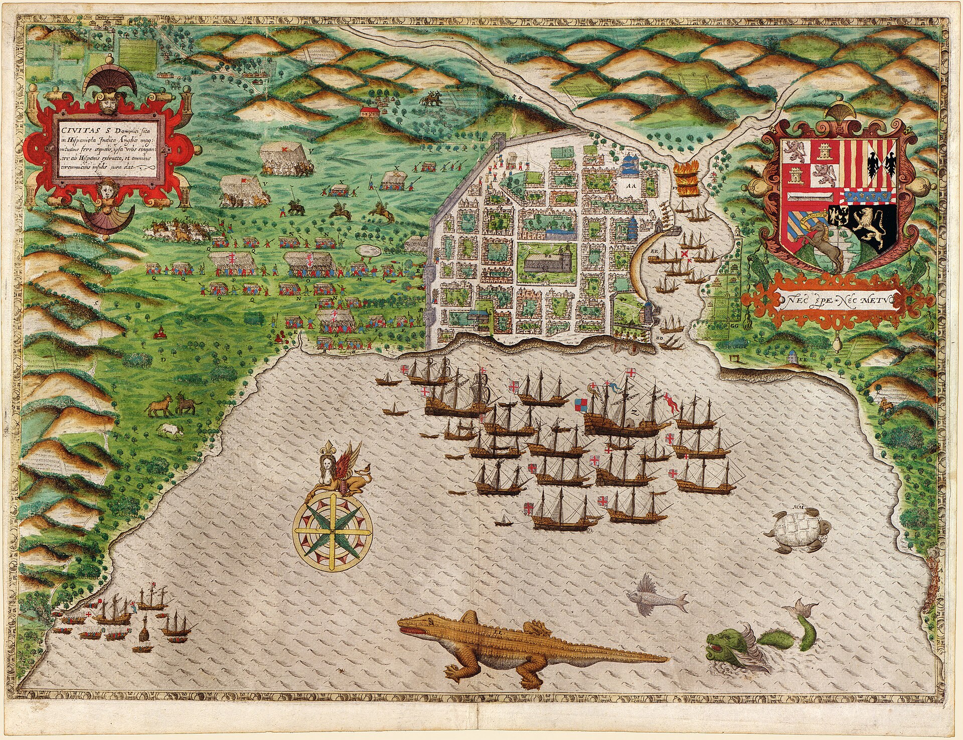 Grabado de 1585 que muestra la ciudad de Santo Domingo vista desde el mar.
