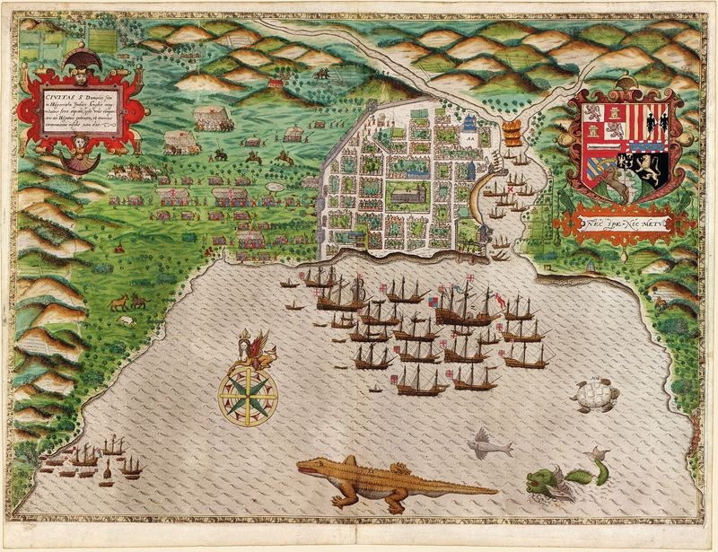 Grabado de Santo Domingo publicado en 1585, con la ciudad amurallada y los barcos en la bahía