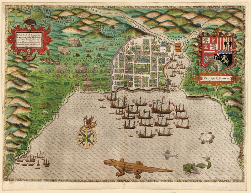 Mapa de las Antillas de la expedición de Drake en 1586, con La Española al centro