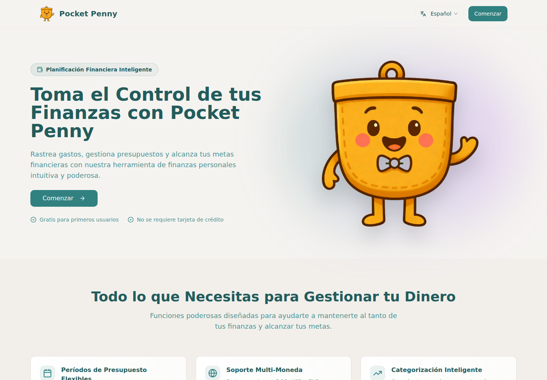 Panel de PocketPenny con el balance del mes, las categorías de gasto y el ahorro
