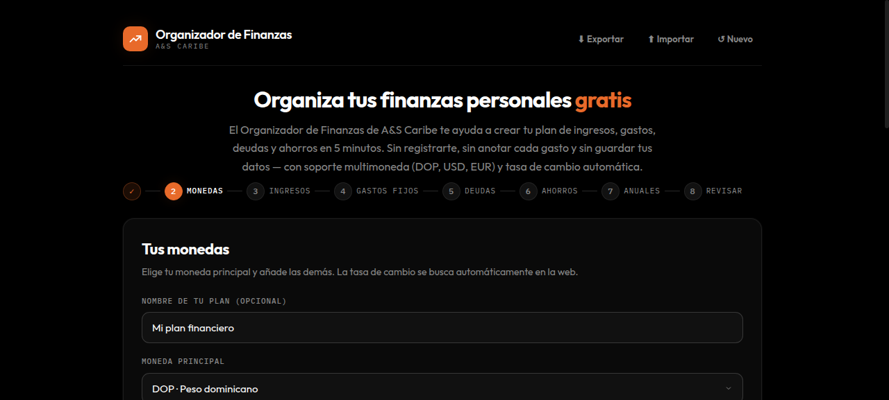 Pantalla del Organizador de Finanzas: cabecera, la explicación del plan y los campos de nombre y moneda principal.