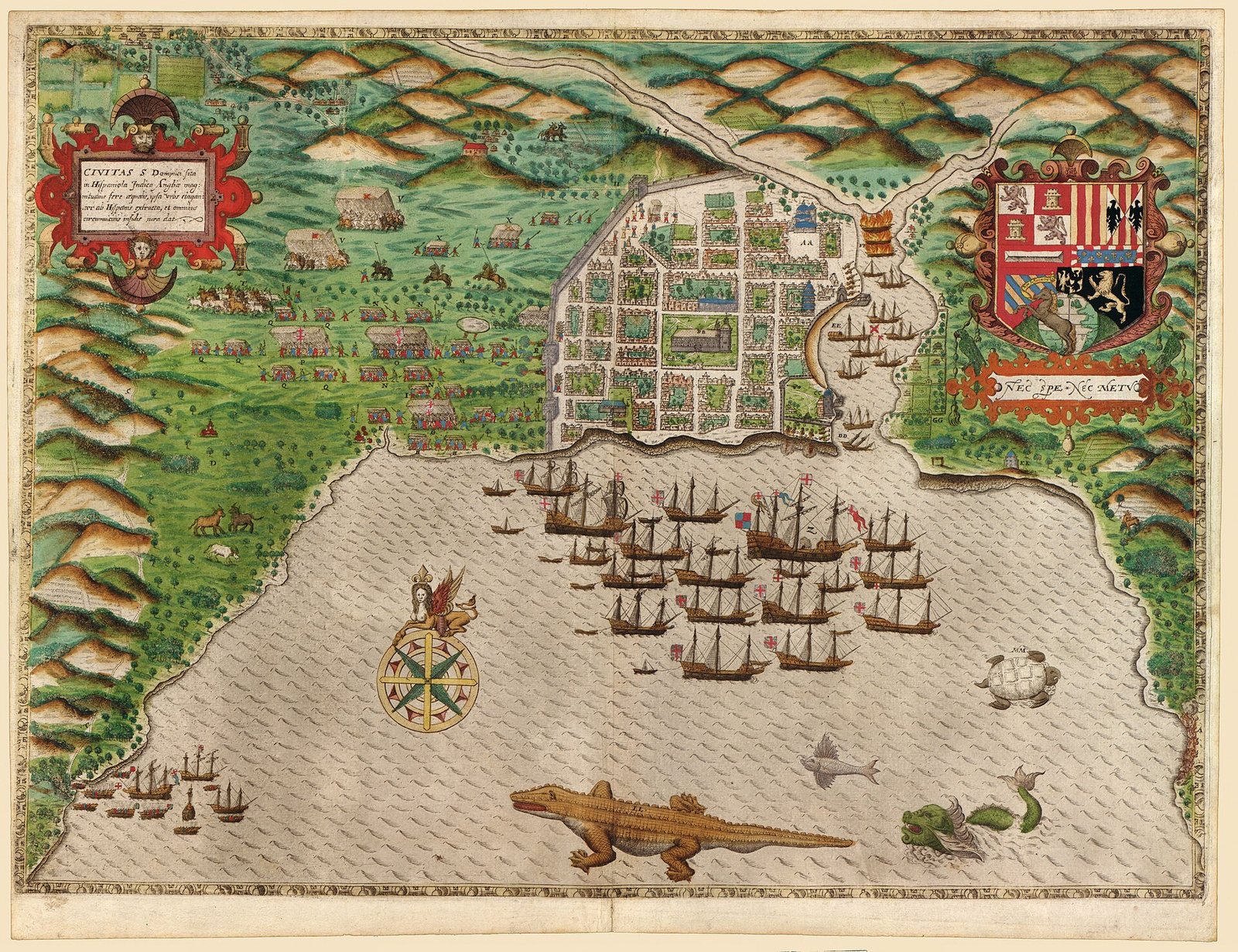 Mapa de las Antillas de la expedición de Drake, 1586, con la isla Española y la costa de Santo Domingo.